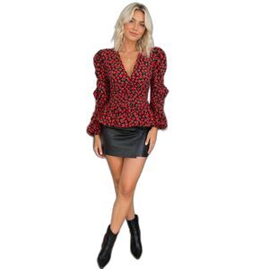 Topshop Red Rose Floral Print, Peplum V-Neck Blouse Back Neck Tie Closure Size 8